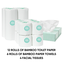 Load image into Gallery viewer,  A stack of 12 rolls of eco-friendly bamboo toilet paper, 6 bamboo paper towels and 4 boxes of facial tissues
