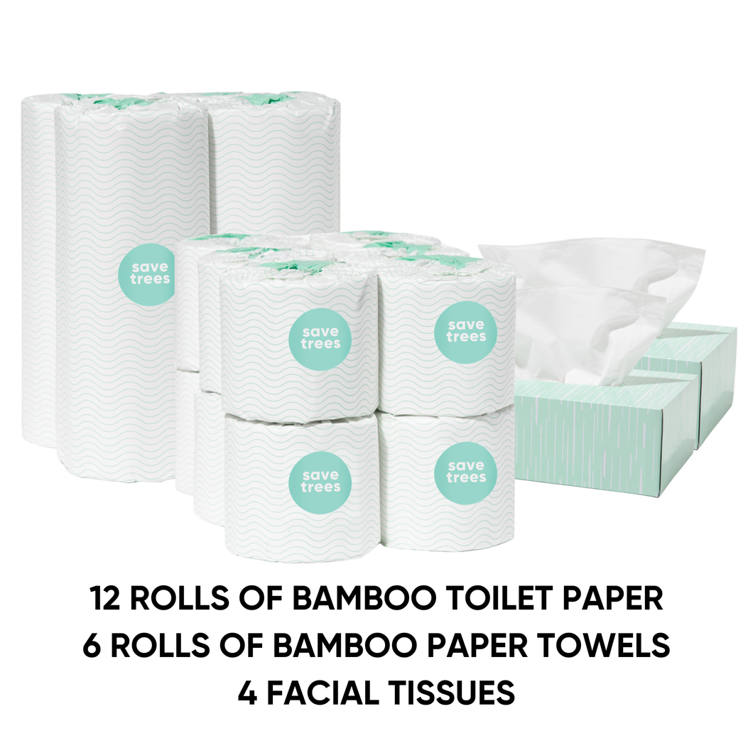  A stack of 12 rolls of eco-friendly bamboo toilet paper, 6 bamboo paper towels and 4 boxes of facial tissues