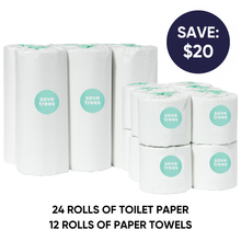 Load image into Gallery viewer, Bamboo Toilet Paper and Paper Towels, highlighting a $20 discount on a pack of 24 rolls of toilet paper
