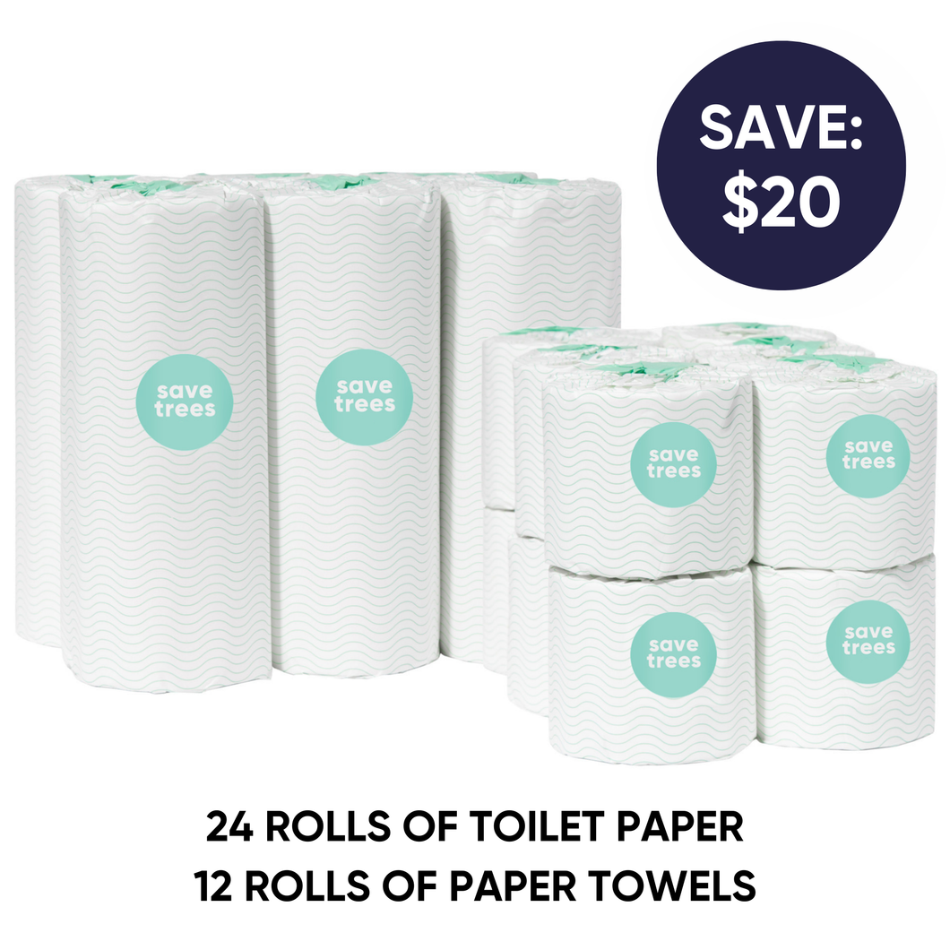 Bamboo Toilet Paper and Paper Towels, highlighting a $20 discount on a pack of 24 rolls of toilet paper