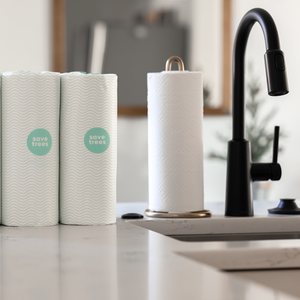 Cloud Paper's bamboo paper towels on kitchen counter, next to the sink