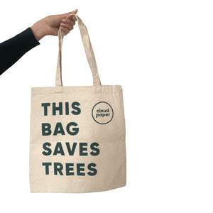 Recycled cotton tote bag printed with the words "this bag saves trees"
